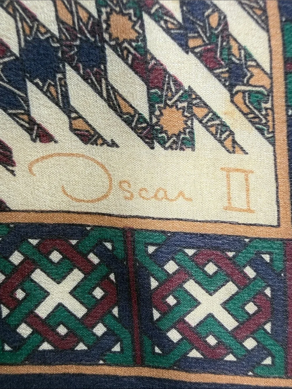 Oscar de la Renta OscarII square silk scarf navy blue, green, red, gold, & ivory